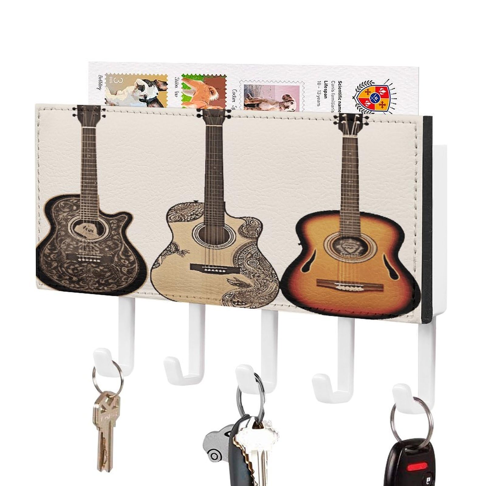 Fekiloot White-Style Guitar Key Holder Wall Mount Key And Mail Holder Key Hanger With 5 Hooks Decorative Pu Key Rack Hanging Key Hooks For Wall Living Room Kitchen Bathroom Hallway