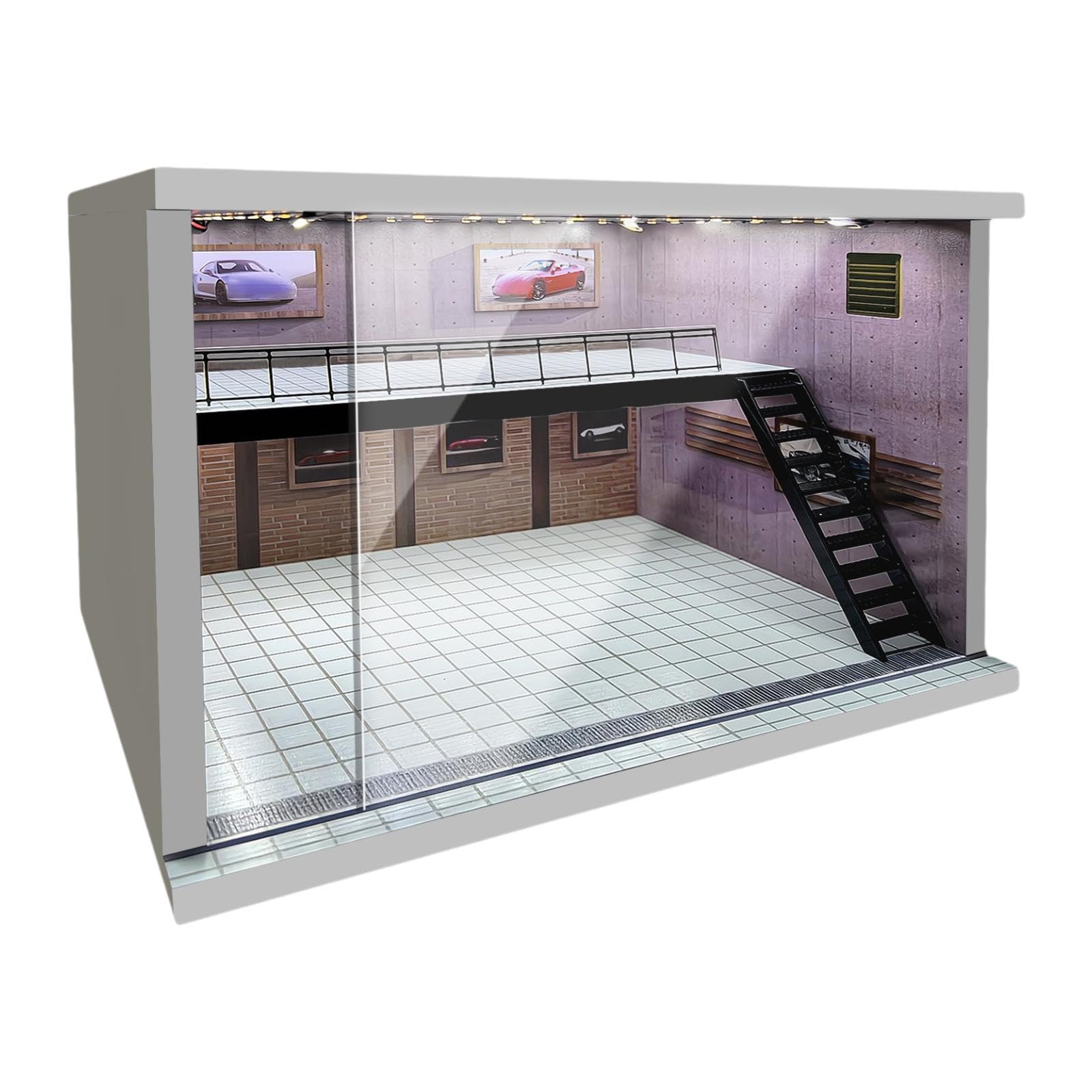 Vitrina de Garaje a Escala 1/64, 1/36 Y 1/32, de Acrílico, para Modelos de Coches, con Luces LED para Coleccionistas, Escalera Derecha Rosa