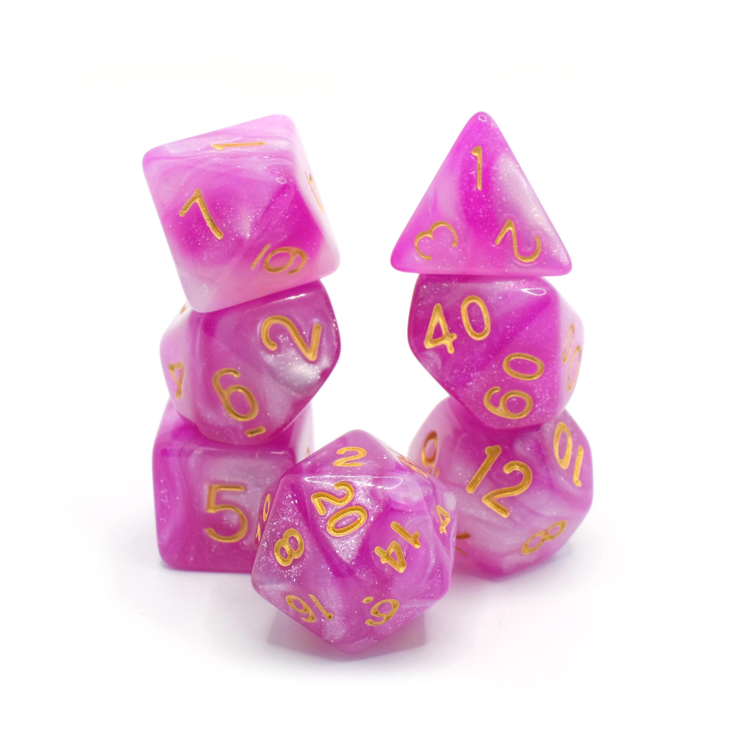 Princess Pink - Polyset Dice | Polydice | Purple Pink White Glitters and Gold | Dice Set of 7 Pieces| D&D and RPGs | Plastic Dice Set | Polyhedral Dice Set | DnD / D&D / Dungeons and Dragons
