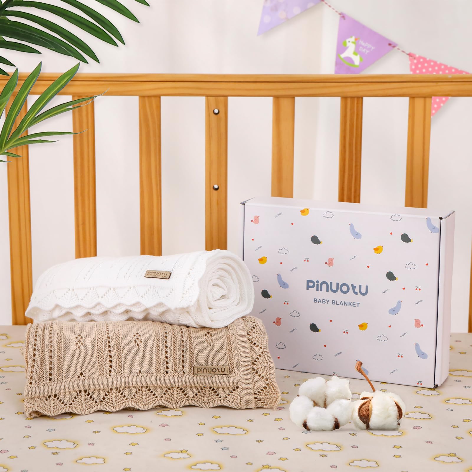 Pinuotu Cotton Pointelle Baby Blanket - 40x31 Inch Knitted Ruffled Blanket For Newborns