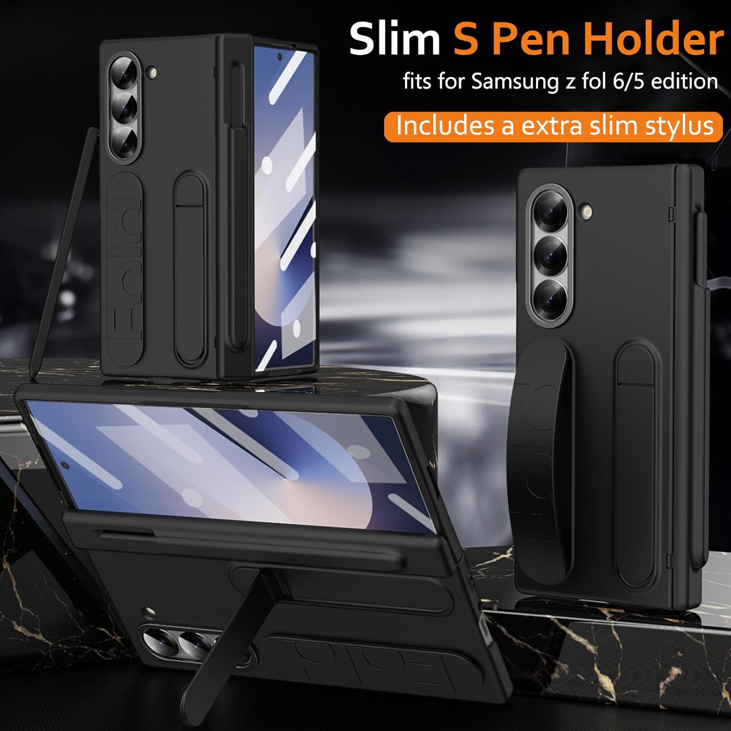for Samsung Galaxy Z Fold 6 Case with Finger Strap, [Includes S Pen Holder & Stylus] Z Fold 6 Hand Strap Case Full Coverage Screen Protector Hinge Protection Wristband Cover for Z Fold 6 Black