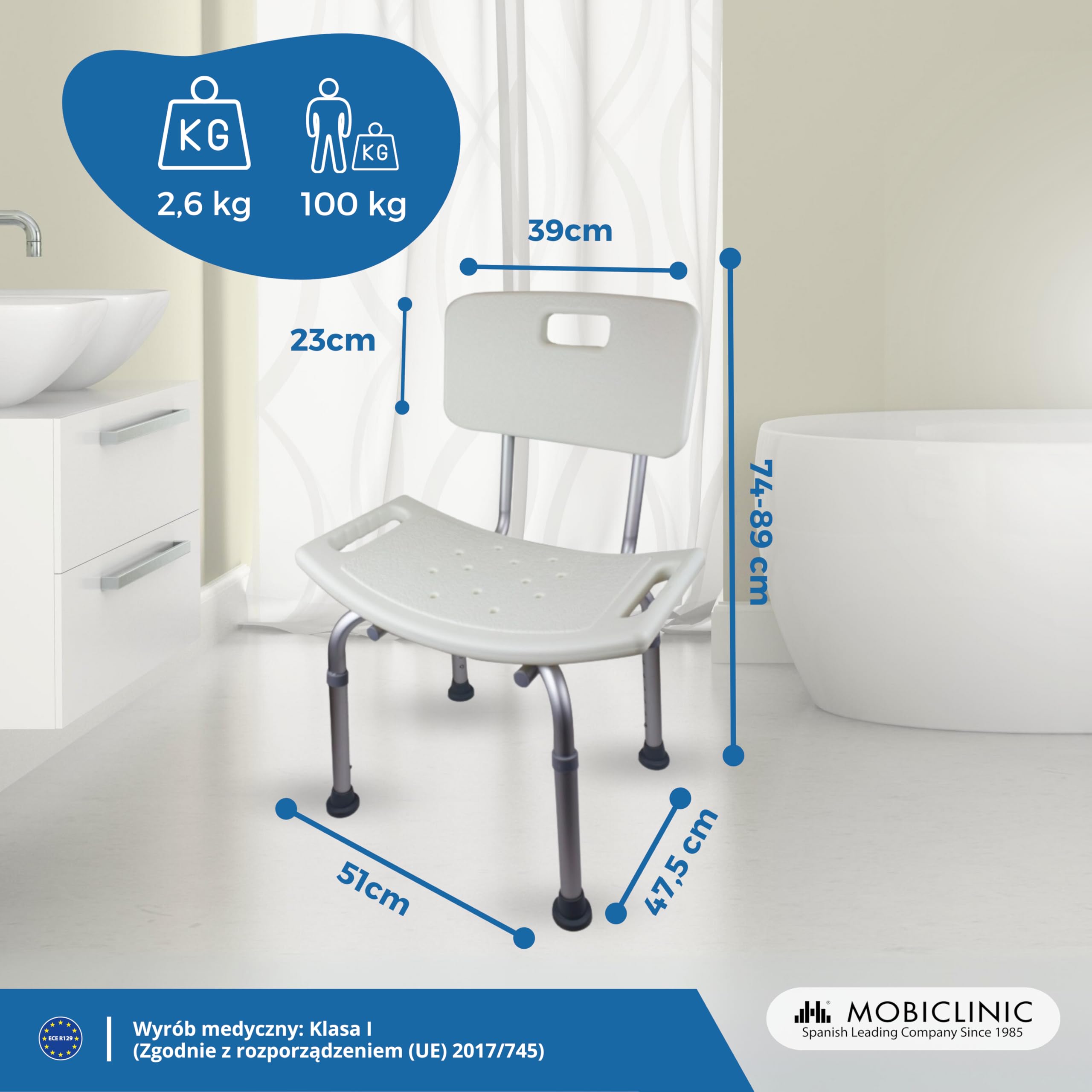 Mobiclinic, Oliwkowy, krzesło prysznicowe dla seniorów, ortopedyczny, stołek prysznicowy dla osób starszych, regulowana wysokość, krzesło do kąpieli z oparciem, antypoślizgowe uchwyty
