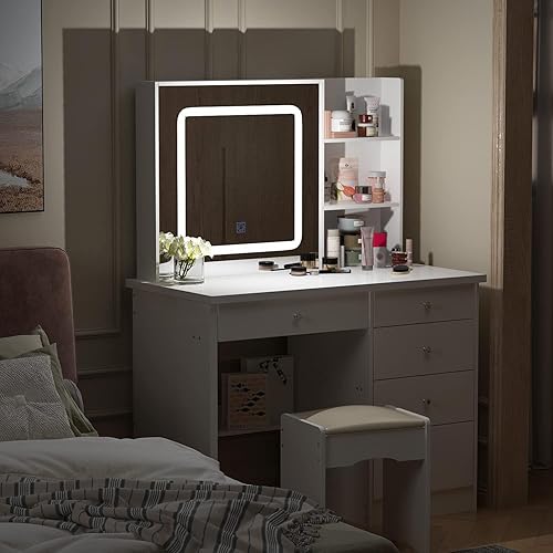 Miniatura 2 de Homsee Juego de escritorio de tocador de 39.4 pulgadas de largo, mesa de maquillaje con espejo grande iluminado, tocador con 5 cajones, estantes de