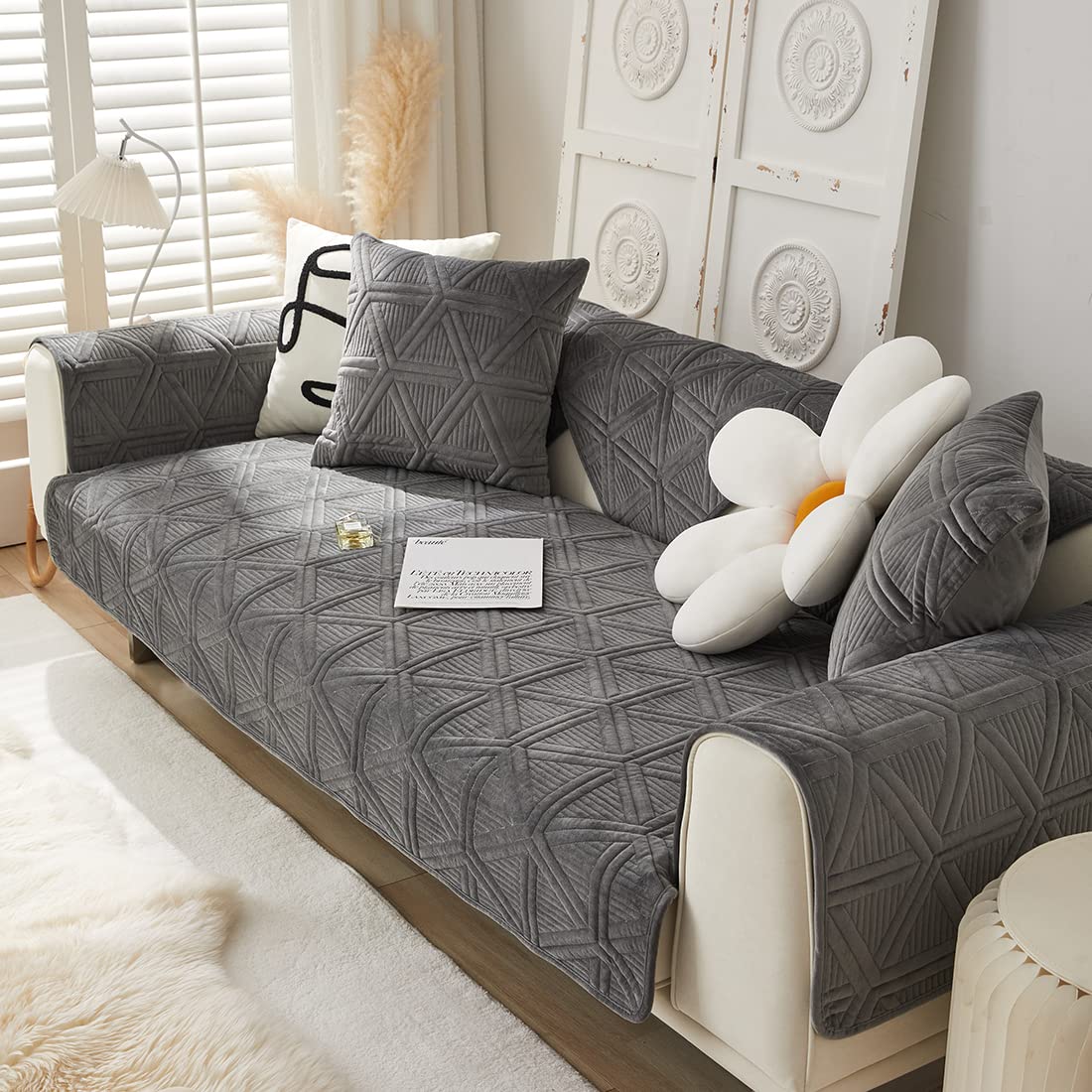 XSlive Super Soft Velvet Sofa Cover Geometric Embroidery Thick Warm Sectional Couch Covers Comfy Plush Anti-Slip Sofa Slipcover Furniture Protector