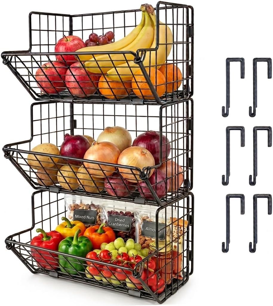 3-Tier Wire Fruit Basket for Kitchen, Countertop & Cabinet Door Organizer (Fits Cabinet Doors ONLY, Not Standard Doors), Heavy Duty Produce Storage Rack