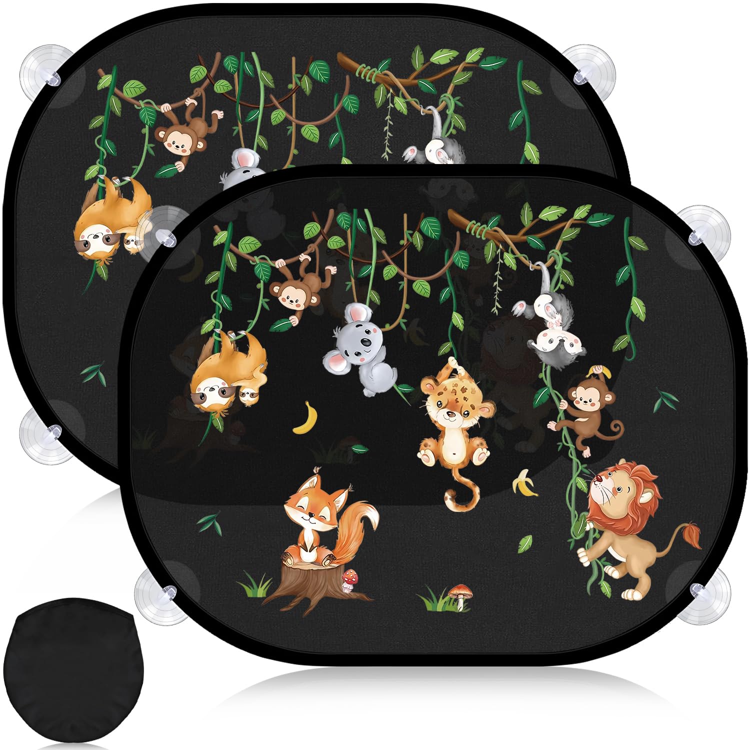 Mngevcy 2er Set Sonnenschutz Auto Baby mit UV Schutz, 44x36.5 cm Autofenster Sonnenblende für Kinder mit 8 Saugnäpfen&Süßen Tier Motiven (Dschungeltiere)