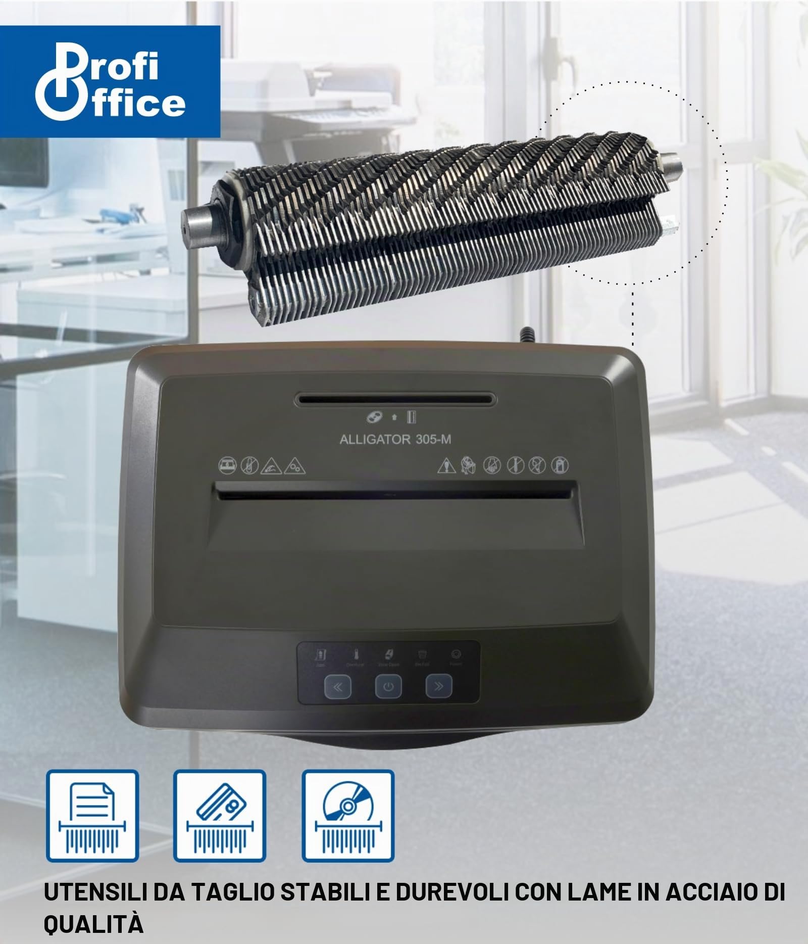 Alligator 305 M Distruggidocumenti P7 Super Micro Cut | Tritacarta Professionale GDPR Ufficio e Casa | Frammenti 1x2mm 5 Fogli, 30 Min Continuo, 22L, CD e Carte Credito