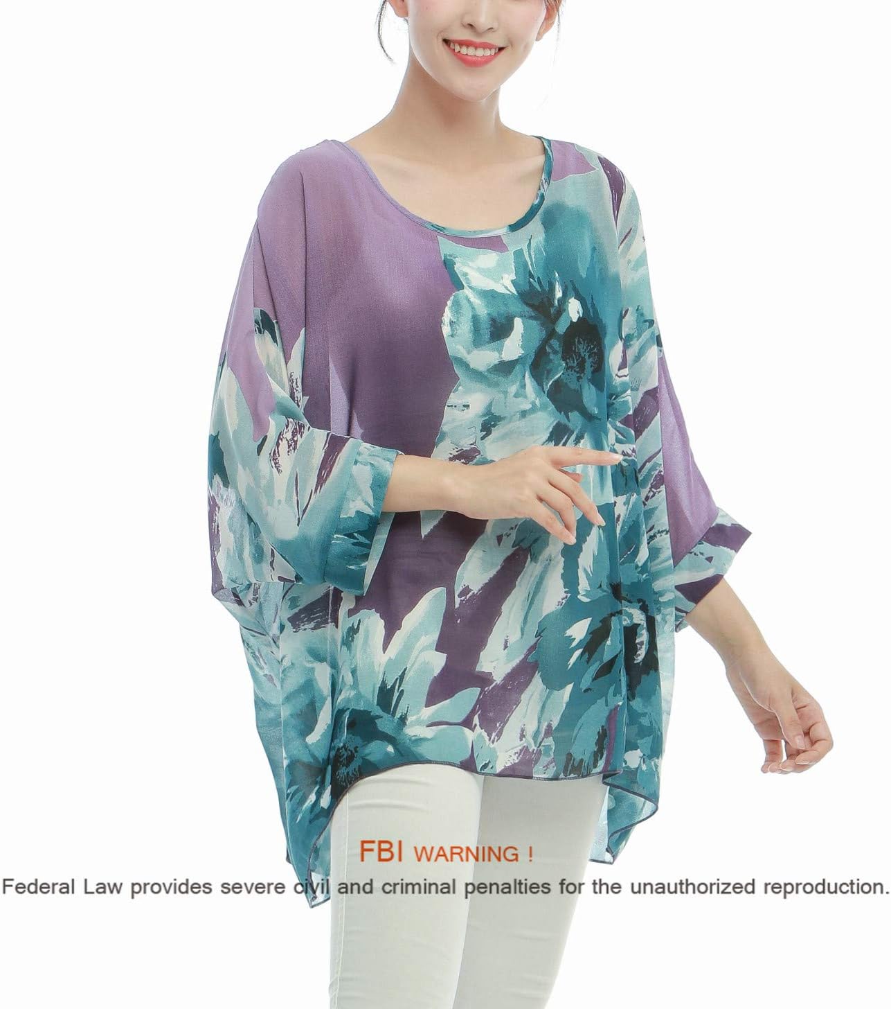 Women's Loose Batwing Blouse Chiffon Top Camouflage Printed Kimono Poncho Tunic Kaftan Cover up - Image 2