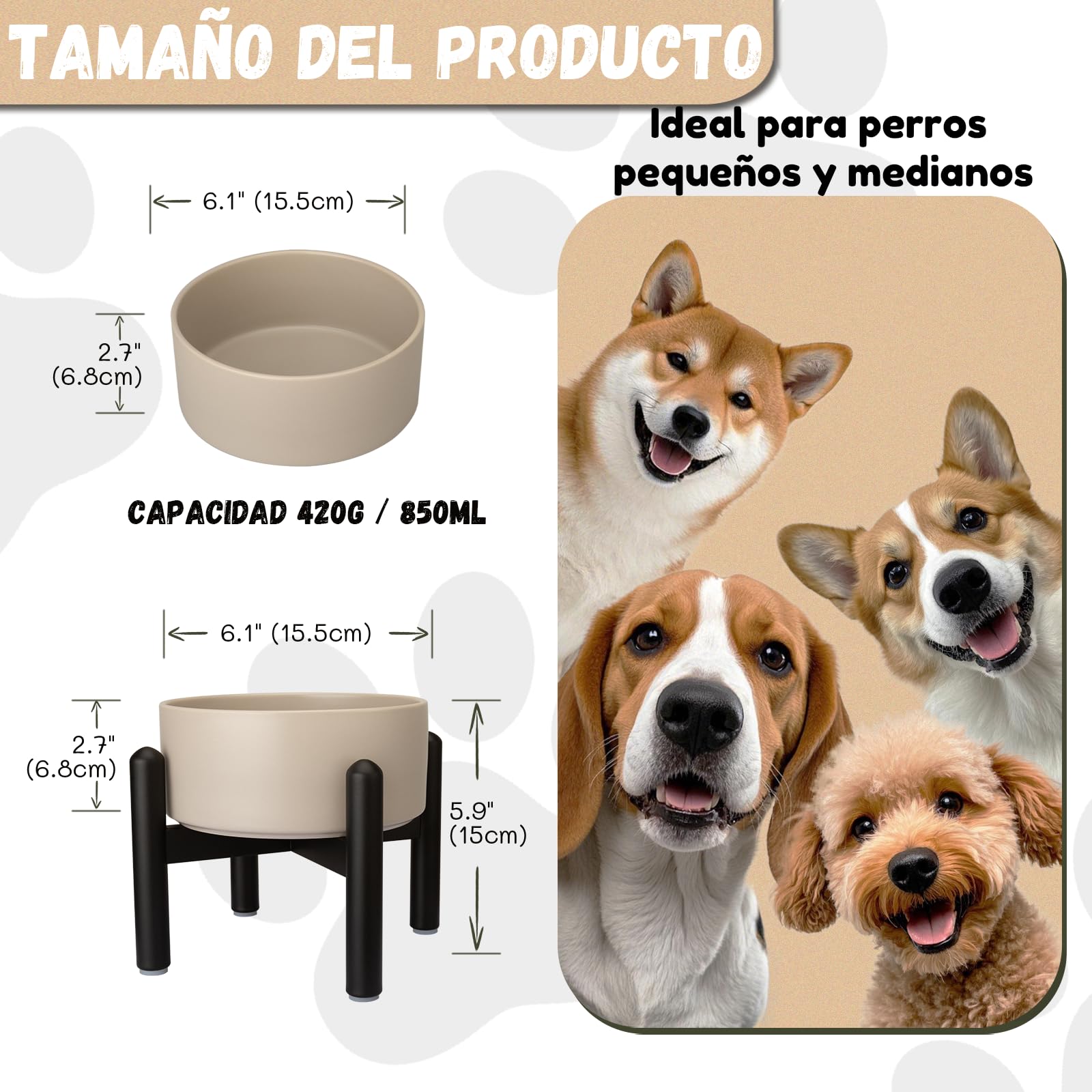 Comedero Perro Elevado de Cerámica - Cuenco para Perros Pequeños y Medianos - Plato Comida con Soporte de Acero Inoxidable - 850 ml - Gris