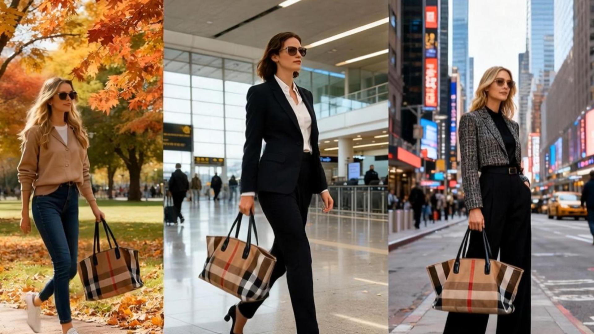 Bolso tote de lona a cuadros para mujer miniatura 7