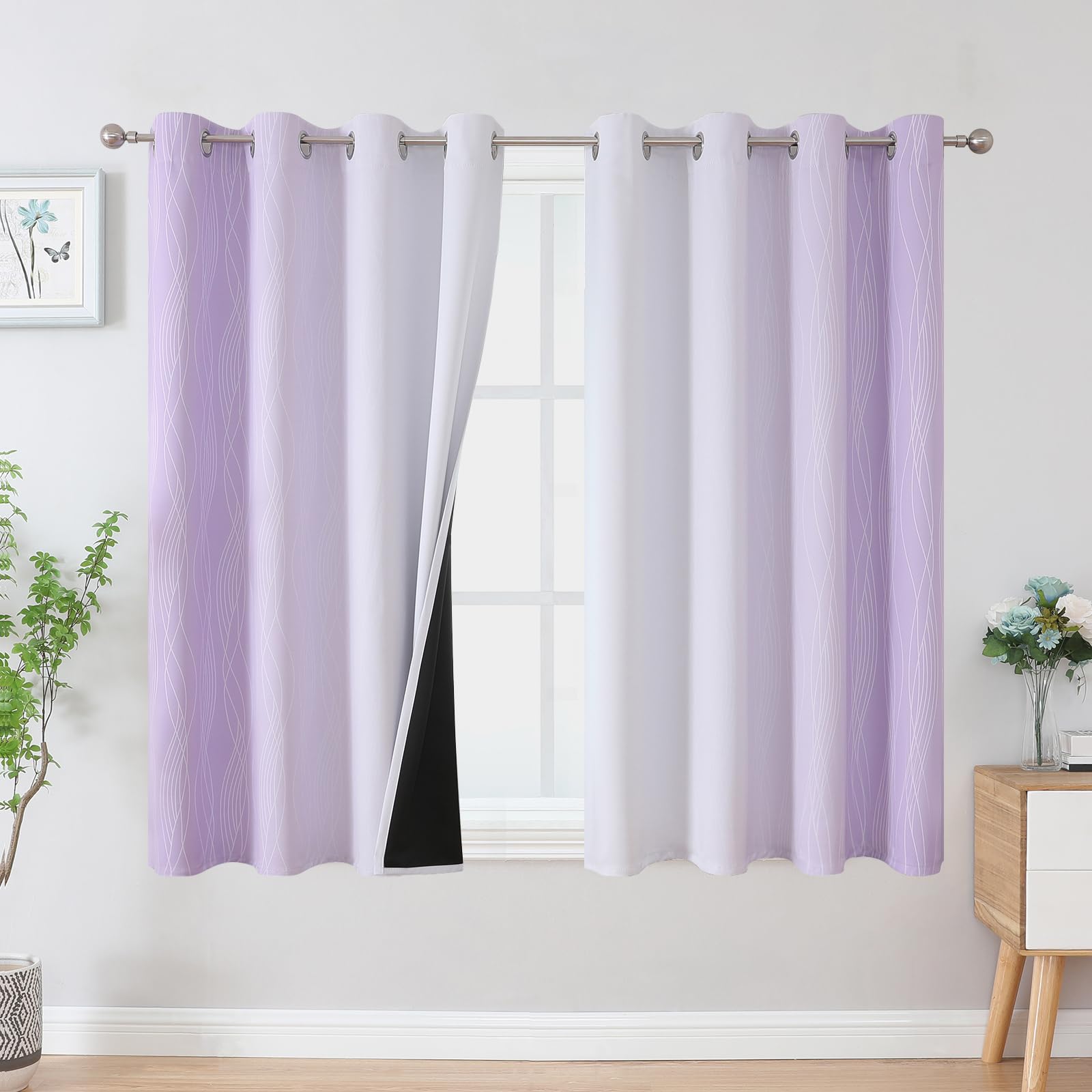 Estelar Textiler Lilac and Greyish White Blackout Curtains 54 Inch Length, Light Blocking Gradient Grommet Drapes for Living Room, Thermal Insulated