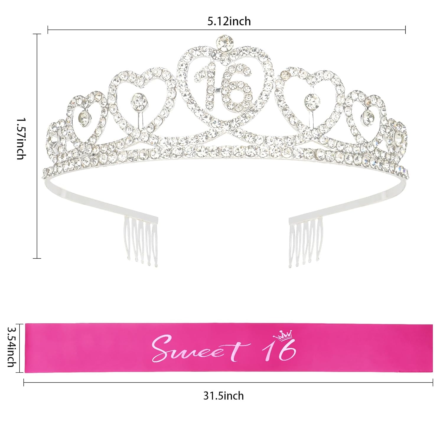 16th Birthday Tiara and Sash - Silver Crown with Rhinestones for Girls' Sweet 16 Birthday Party - Image 2
