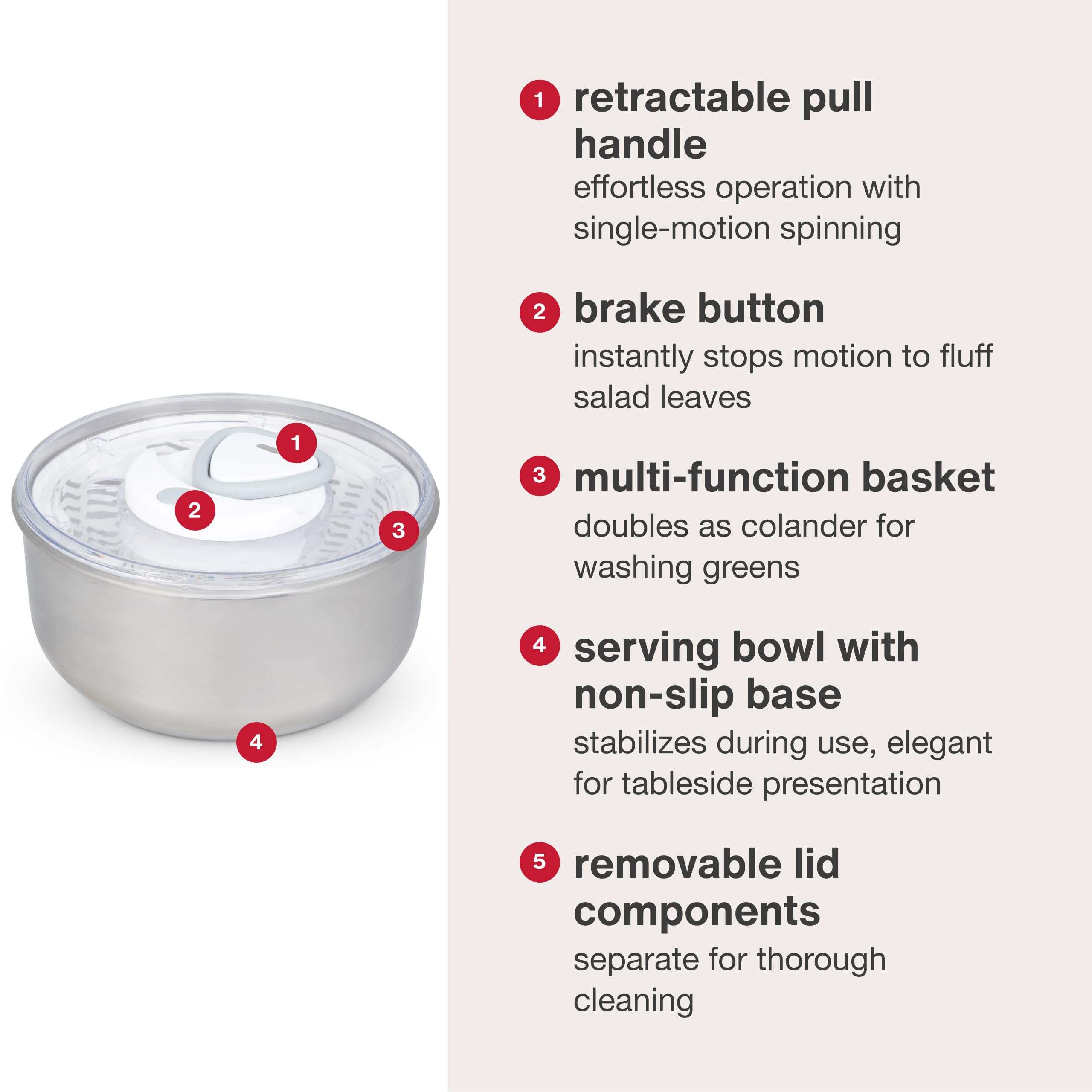Zyliss Easy Spin 2 Centrifuga Per Insalata, Grande, Acciaio Inossidabile, Bianco, Insalatiera con Coperchio, Scolaverdure, Lavabile in Lavastoviglie