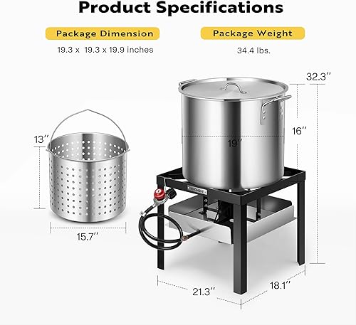 Miniatura 7 de VIVOHOME Olla para hervir mariscos de 65 cuartos con cesta de 45 cuartos de galón y soporte para quemador de propano de 110,000 BTU para langosta de