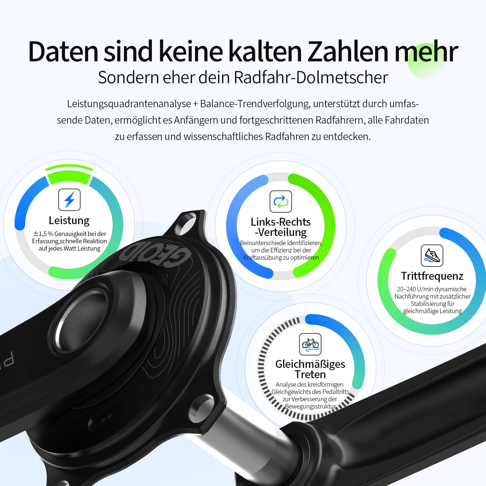 GEOID PM500 Leistungsmesser für Rennräder - Kurbelsatz Leichtbau 680g mit Präzision ±1,5%, Akku 300 Stunden, 110 BCD, Bluetooth/ANT+, IPX7 Wasserdicht