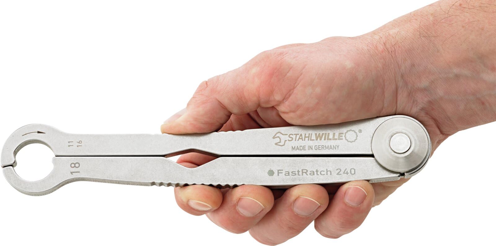 STAHLWILLE 240 18 | FastRatch Ratschenschlüssel 18 mm - 11/16 " | offener Ringschlüssel mit Ratschenfunktion, Maulschlüssel | ideal für Bremsleitungen, Überwurfmuttern | Made in Germany