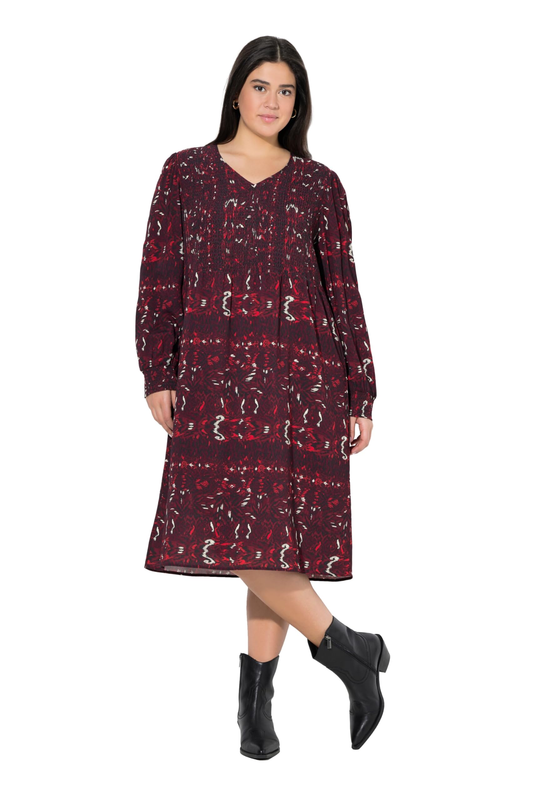 Ulla Popken Damen große Größen Übergrößen Plus Size Smokkleid, A-Linie, V-Ausschnitt, Langarm 842258