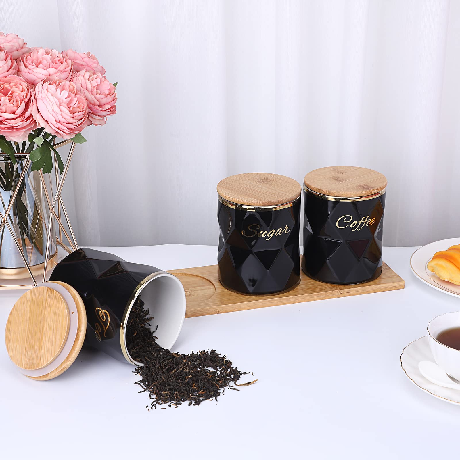 BTSKY Recipientes herméticos de cerámica negra para azúcar, café, té con tapa y bandeja, juego de 3 recipientes herméticos para almacenamiento de alimentos, tarros con tapa de bambú para encimera de