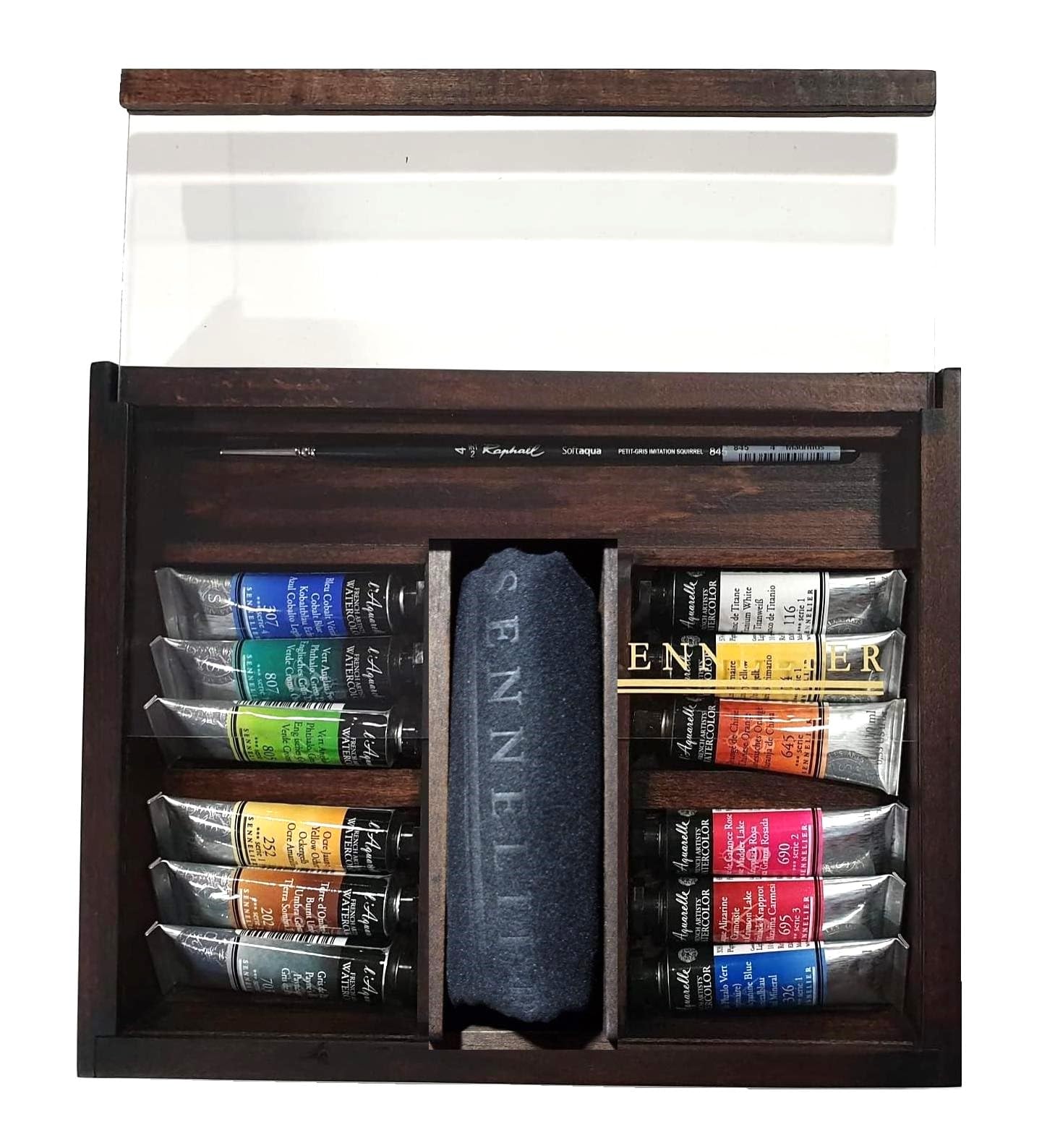 Sennelier Aquarelowe pudełko farby. Zestaw z drewna akwarelowego Extra Fine 12 tubek 10ml i pocztówki