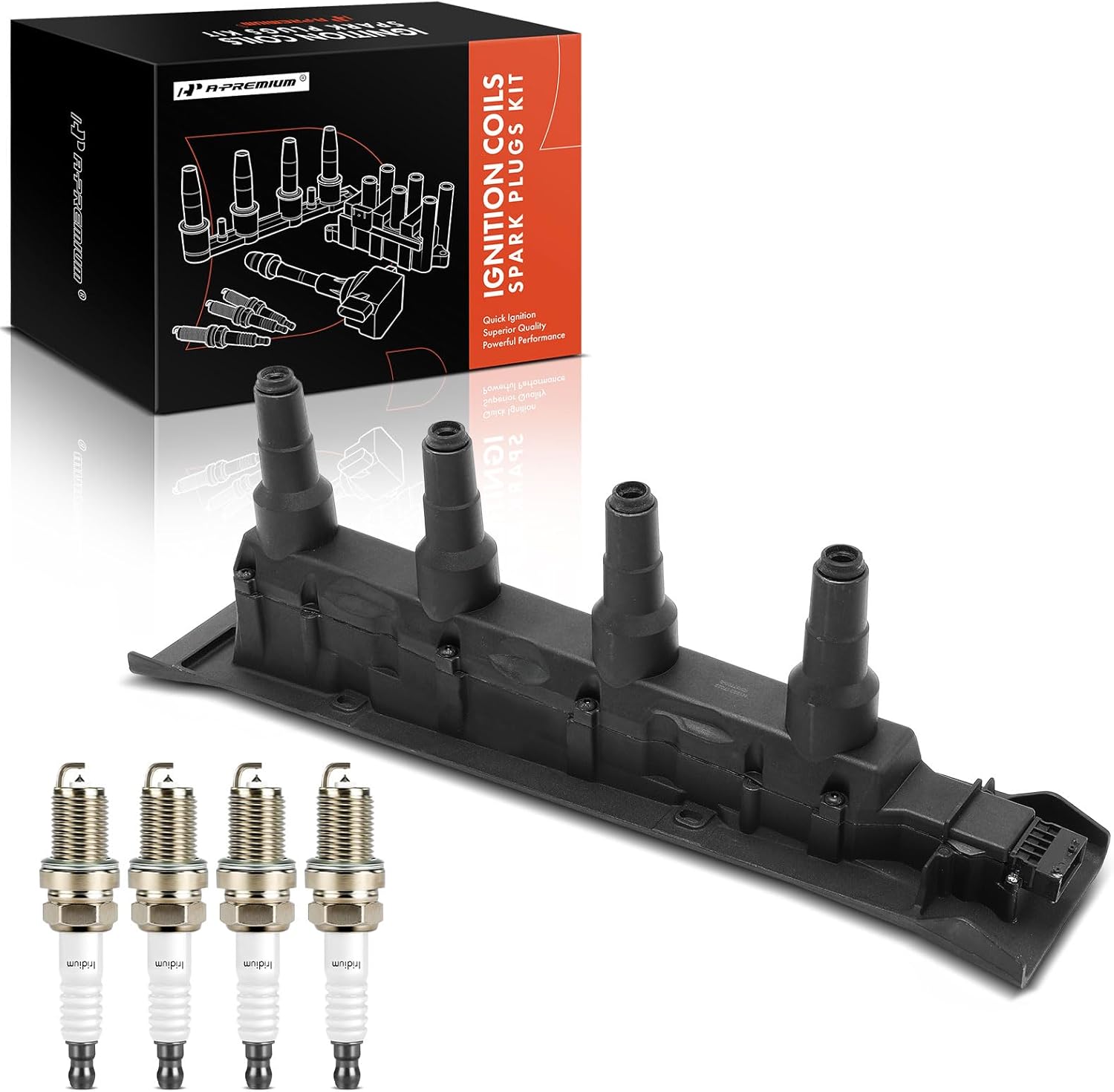 A-Premium 1x Ignition Coil Pack and 4x Iridium Spark Plugs Compatible with Saab 9-3 2000-2002, 9-5 1999-2003, 2.0L 2.3L, Replace# 55559955, 61058535