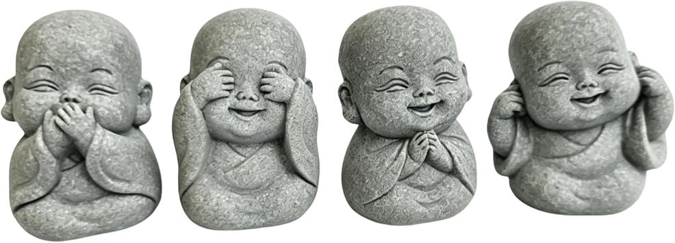 Hear No Evil Speak No Evil See No Evi Think No Evi Statue 4-in-1 Mini Laughing Buddha Set Spiritual Feng Shui Zen Decoration Cute Little Buddha Statue for Home and Aquarium Decoration