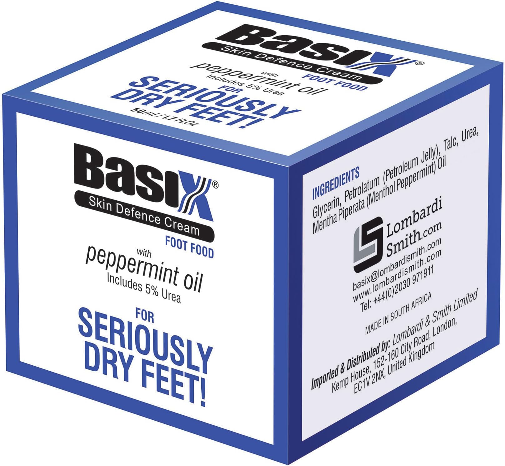 Basix Skin Defence Cream Foot Food Foot Repair and Restoration Balm for Dry Feet and Cracked Heels with 5% Urea and Peppermint Oil Soothes, Repairs, Stimulates and Invigorates Tired Feet