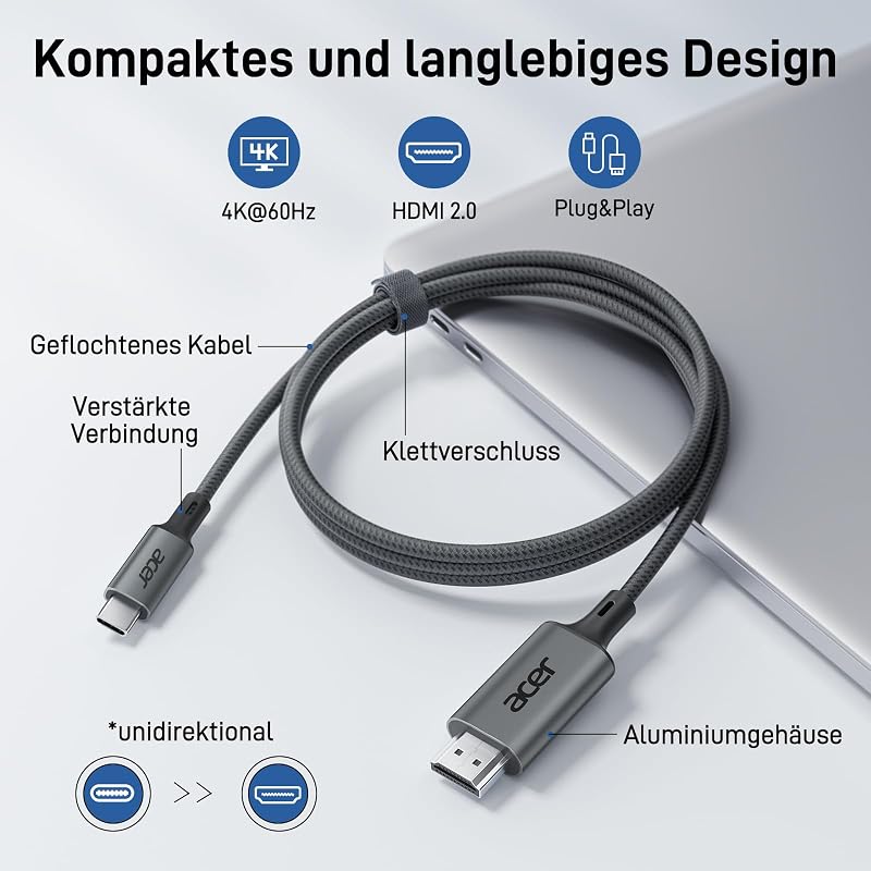 Acer USB-C - HDMI kábel 4K@60Hz, 2m - Thunderbolt 3/4 kompatibilis, alumínium-nylon borítás, iPhone 15/16, MacBook, iPad Pro, Samsung S24 ké