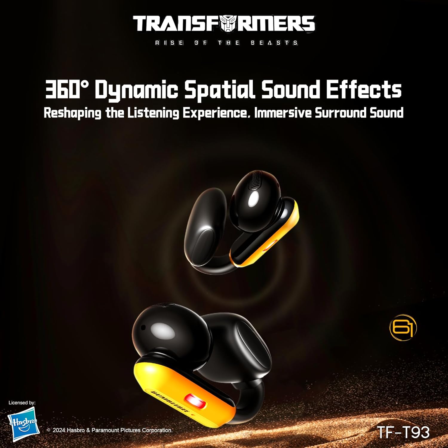 Transformers TF-T93 Ear-Clip True Wireless Bluetooth 6.0 Earbuds with Mic, Zinc Alloy Armor Case, Low Latency Game/Music Modes, Hi-Fi 12mm Drivers, Secure Fit Sports Earphones (Bumblebee Yellow)