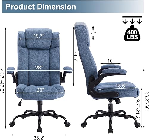 Miniatura 2 de Silla de oficina ejecutiva de respaldo alto con reposacabezas ajustable, sillas de escritorio de tela con reposabrazos abatibles, silla de oficina