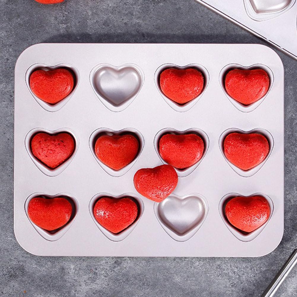 CANDeal Moule À Muffins En Forme De Cœur À 12 Cavités Pour Mini Gâteau Au Cœur, Plaque De Cuisson Antiadhésive Pour Four Madeleine, En Acier Au Carbone Robuste