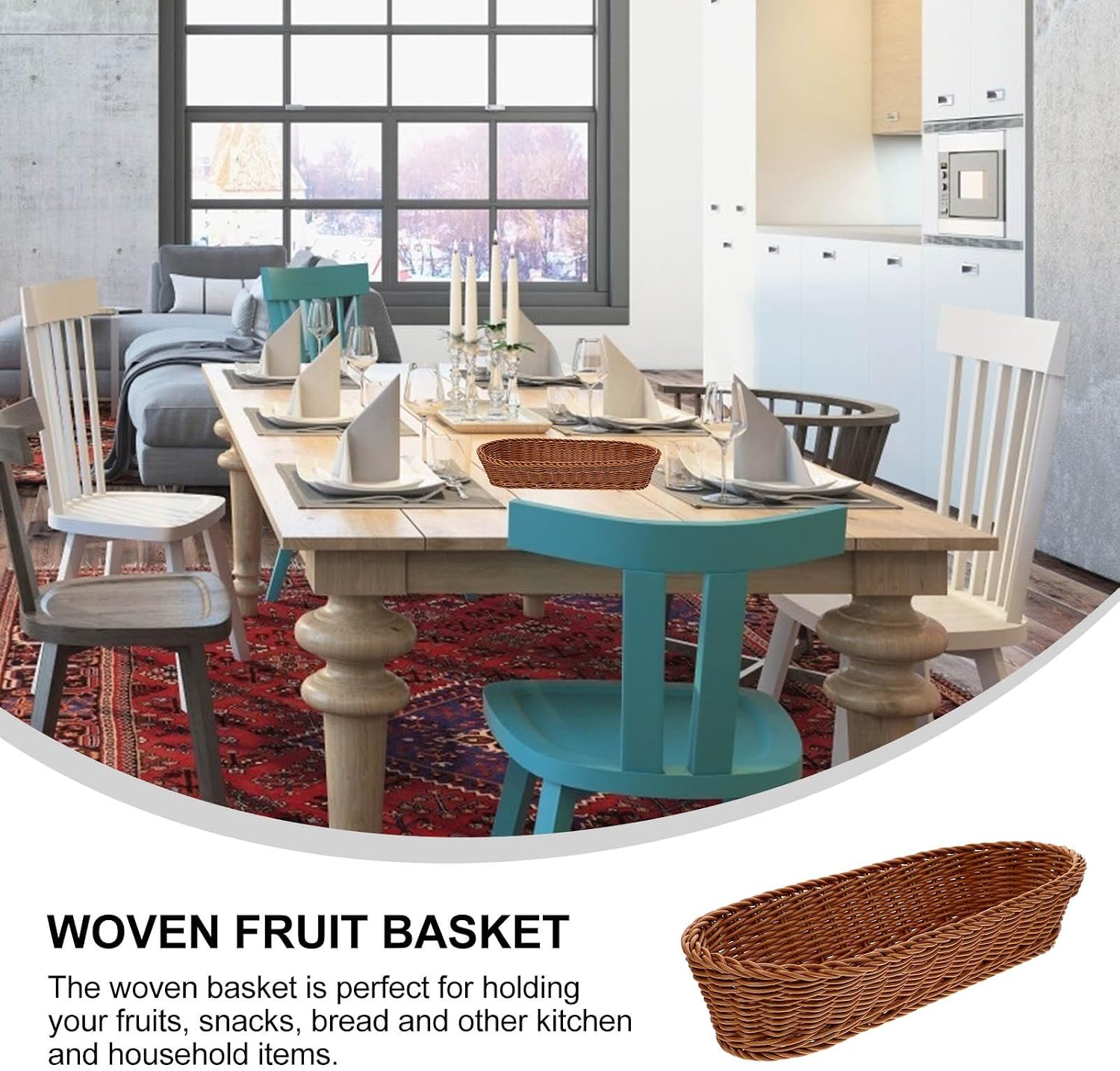 Woven Fruit and Bread Basket 36X14.5X7.5 Inches Imitation Rattan Decorative Kitchen Storage Basket Multi-Function Sundries Organizer for Dining and Serving
