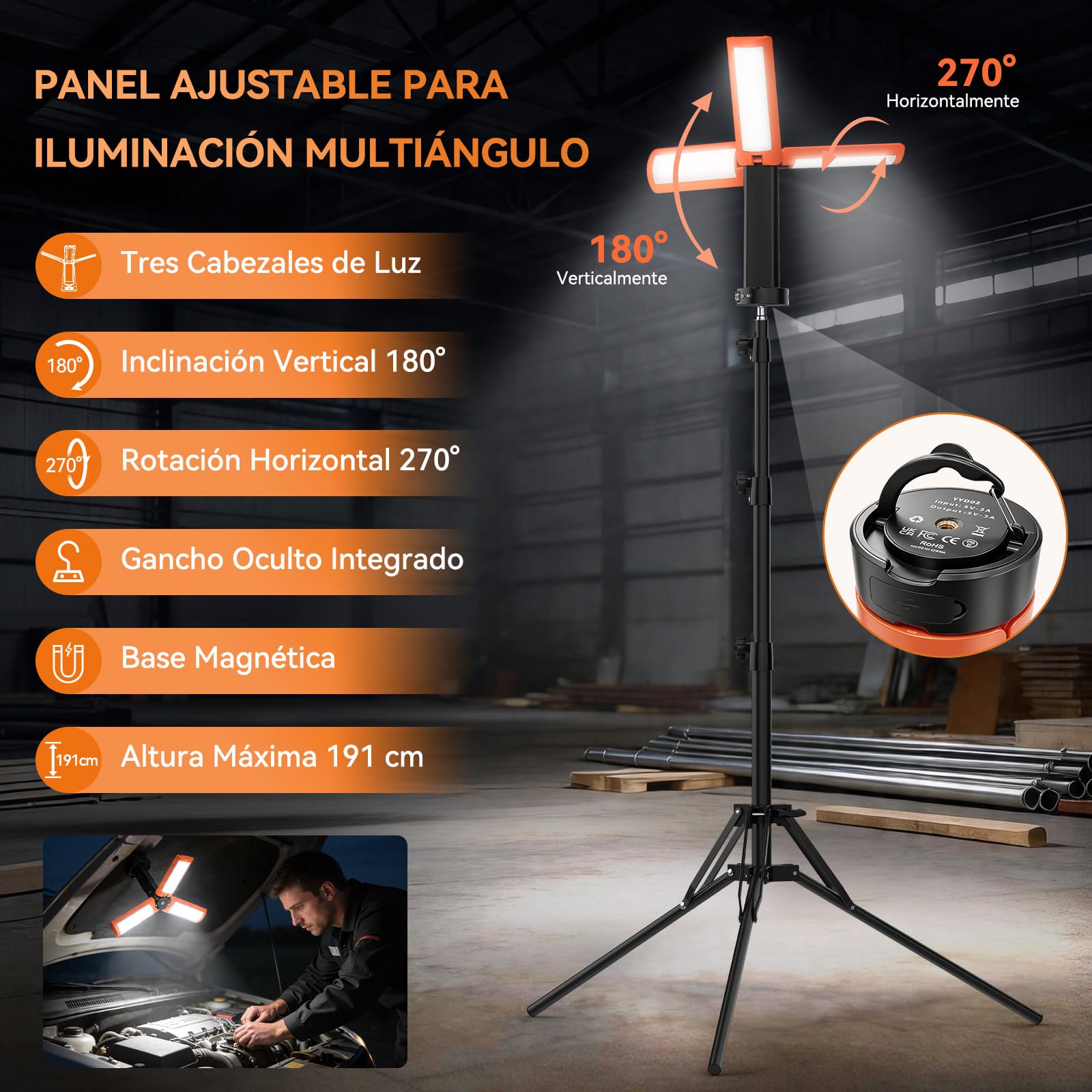 Lámpara de Camping Recargable con Trípode, 12000 mAh, 3 Colores de Luz, Trabajo LED Regulable de 6000 lm con Gancho Magnético y SOS, IP65, Adecuada para Talleres, Obras de Construcción y Emergencias.