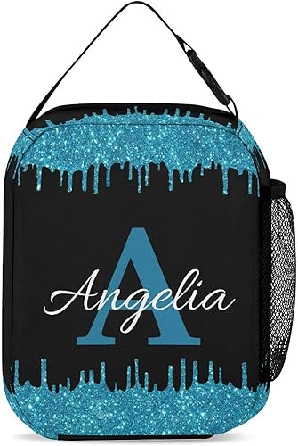 Miniatura 2 de Bolsa de almuerzo con nombre personalizado para hombres y mujeres, con monograma de purpurina azul, hielera, portátil, con nombre, para niñas,