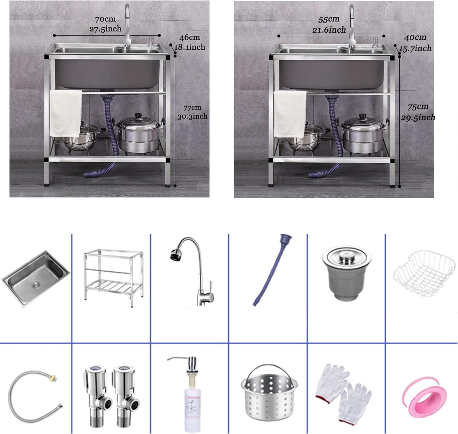 Kitchen Sink for Washing Single Bowl 304 Stainless Steel Utility Sinks Freestanding Outdoor camping dish washing station with Console & Stand for Indoor Garage Kitchen Laundry Room ( Size : 55*40*75cm