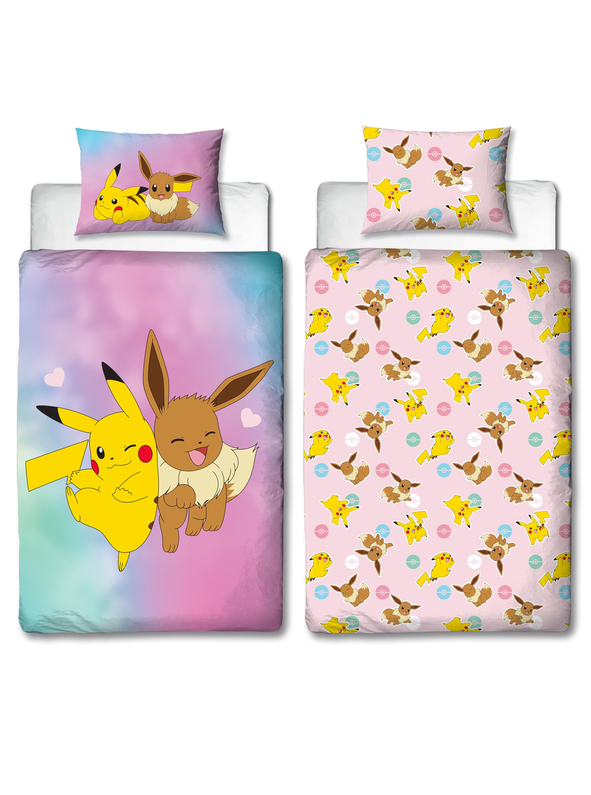 Pokemon Officially Licensed Single Kids Duvet Cover Set | Pikachu Eevee Design Reversible 2 Sided Bedding with Matching Pillowcase | Childrens Single Bed Set