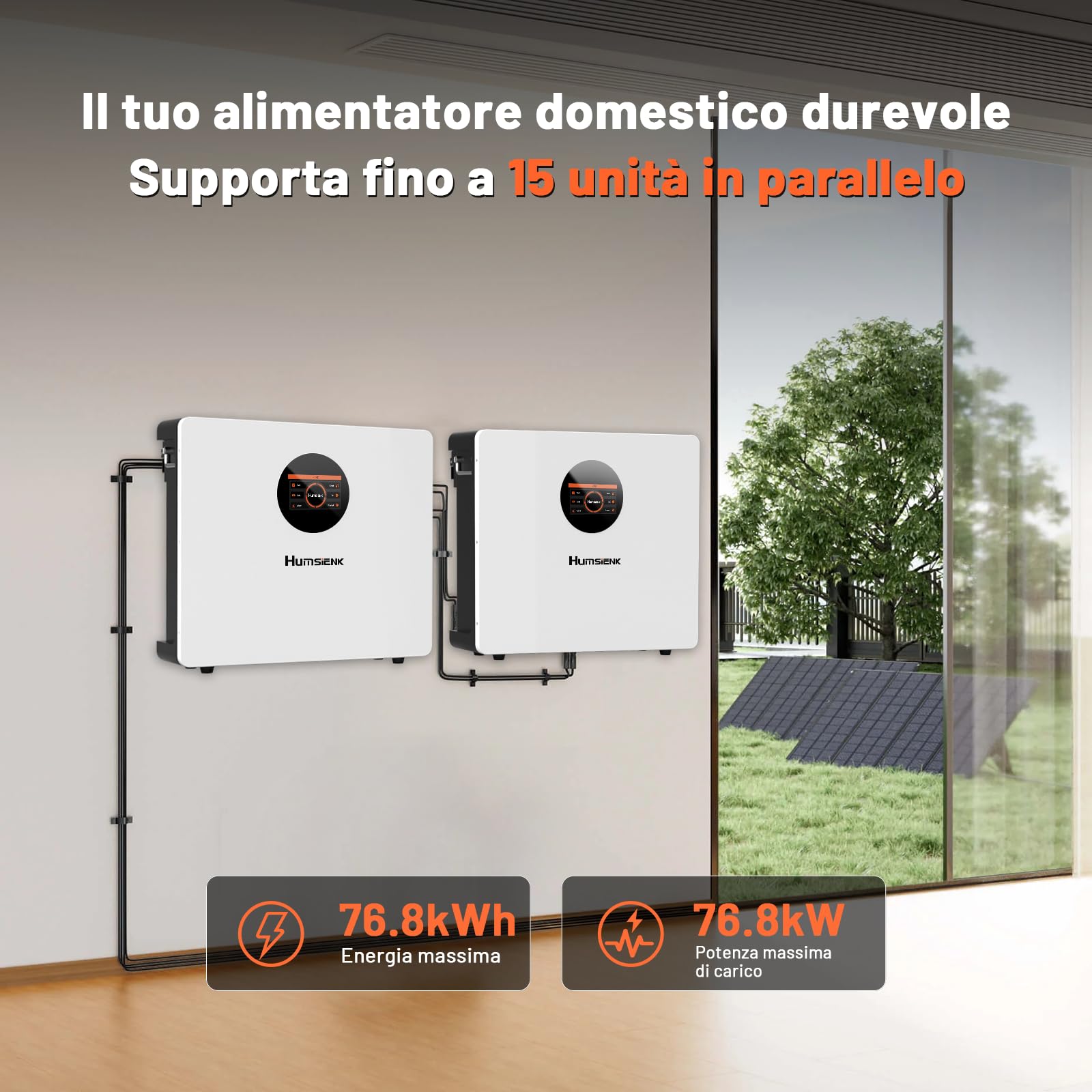 Humsienk Bluetooth Batteria LiFePO4 48V 100Ah da parete con BMS 100A e display LCD, 5120Wh batteria accumulo fotovoltaico oltre 15000 cicli e 10 anni di vita, per sistema solare, energia di riserva