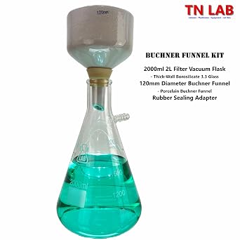 TN Lab Buchner Funnel Kit with Filter Flask Set 120mm Porcelain Ceramic Funnel and 2000ml 2L Heavy-Wall Borosilicate Glass Vacuum Flask with Side Arm