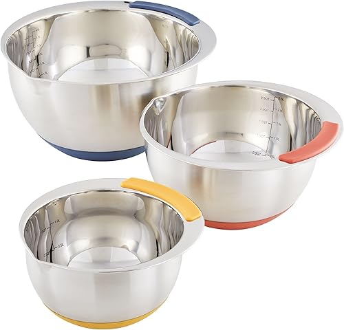Ayesha Curry Kitchenware Pantryware - Cuencos para mezclar de acero inoxidable, juego de 3 piezas, color plateado con asas de color