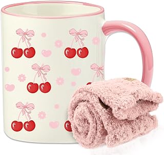 Cute Cherries Bows Ceramic Coffee Mug, Birthday Gifts for Cherry Lovers, Cherry Bow Gifts Set with Socks for Women Sister Mom Grandma Friends