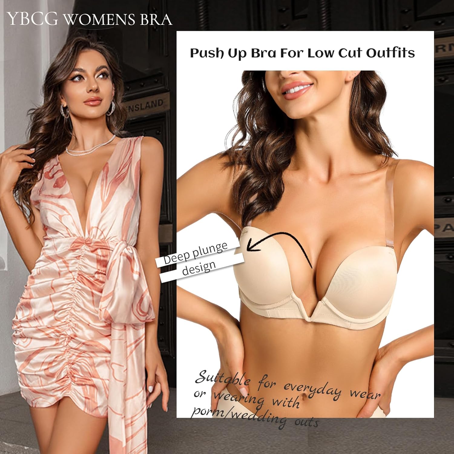 YBCG Plunge Bra with Clear Back Straps Backless Deep V Convertible Push up Padded Add 2 Cup Low Cut Underwire for Women - Image 2