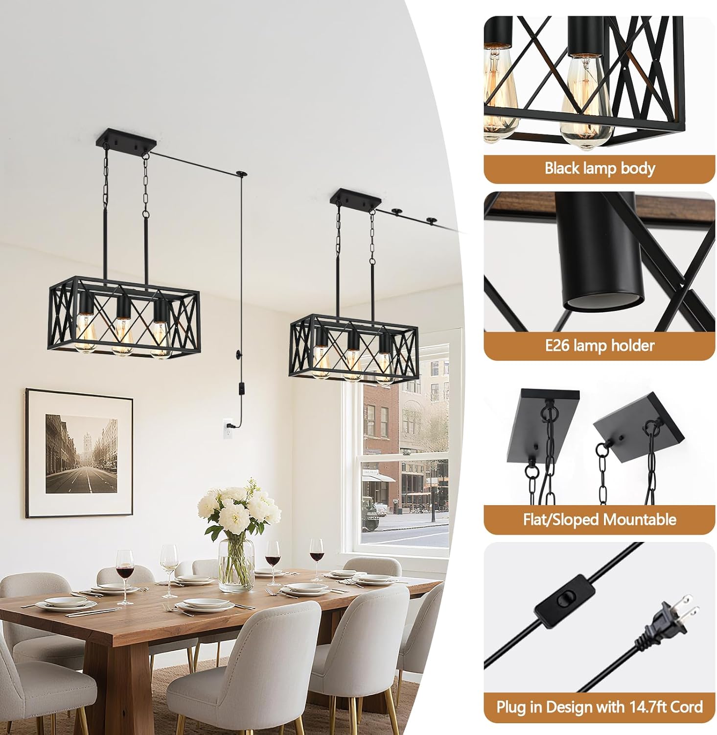 KEESFU Plug in Chandelier Black – Farmhouse Plug in Ceiling Lights, 3-Light Rustic Kitchen Pendant with 14.7ft Cord for Dining Room, Living Room, Foyer, Over Sink or Island