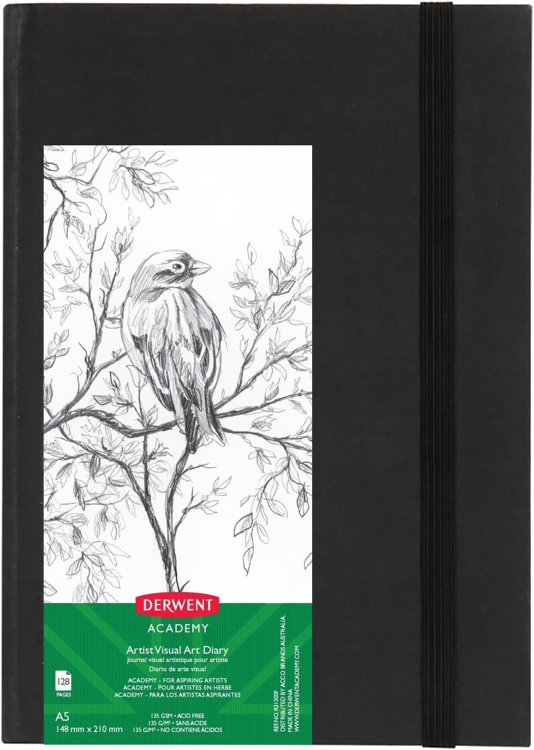 Derwent Academy Visual Art Diary Hardcover Sketch Book, Elastic Closure and Perforated Pages 128 Pages (A5 Portrait)