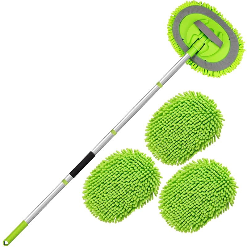 Kit de Escova para Lavagem Automotiva HIPPIH com Cabo Longo, Cabeça Flexível e 3 Luvas de Microfibra Verdes
