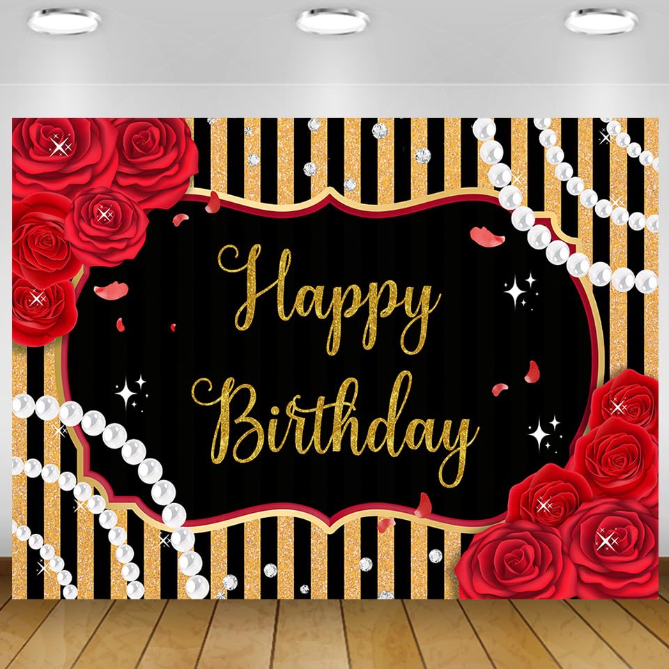 Red Happy Birthday Backdrop Banner Red Rose Birthday Backdrop for Women Black Gold Stripes Photography Background White Bead Diamond Banner Cake Table