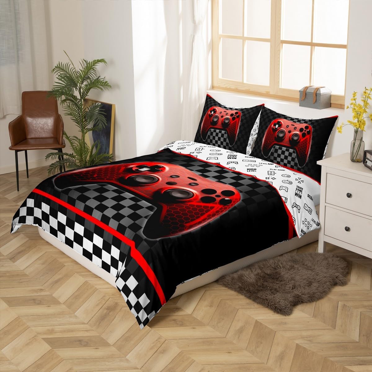 Boys Gamers Gamepad Duvet Cover,Video Gamers Bedding Set for Kids Teens Girls Room Decor,Red Black White Grid Patchwork Comforter Cover Racing Gaming Reversible Quilt Cover Twin Size,1 Pillowcase