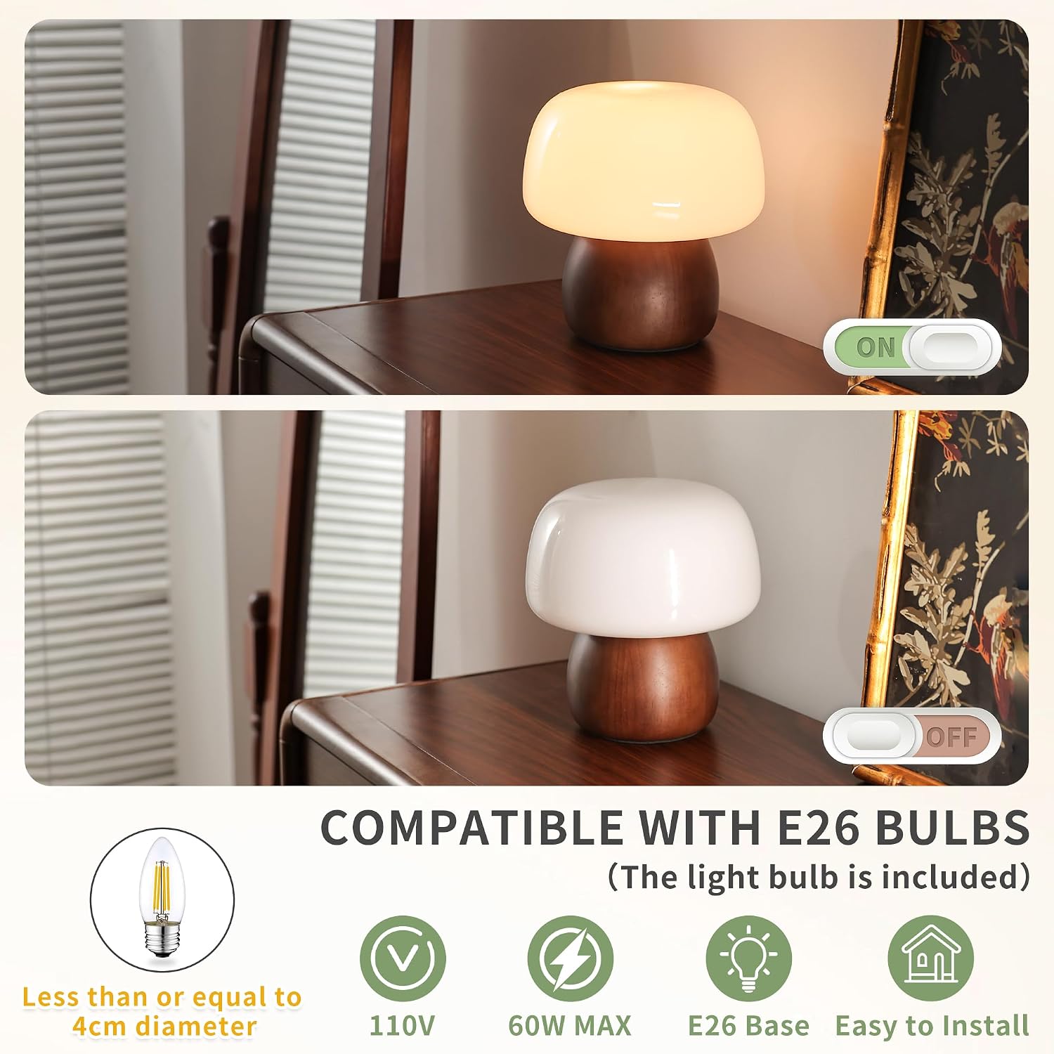 Mid Century Modern Table Lamps for Bedroom Milky White Glass Mushroom Lamp image 4