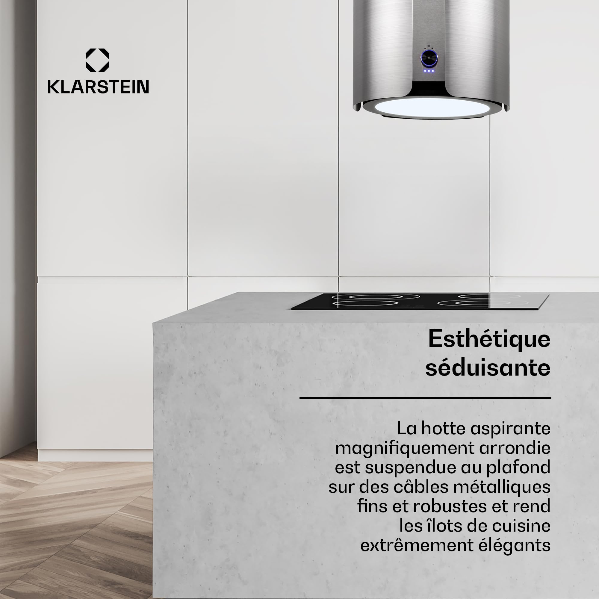 Klarstein Skyfall Smart Hotte d'aspiration - hotte aspirante suspendue, à recyclage/à évacuation, commande par app et par gestes, 45 x 42 cm (Øxl), 402 m³/h, 200 W, 3 vitesses, éclairage LED, argent