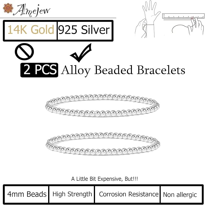 Gold Beaded Bracelets for Women, Stackable Gold Bracelets for Women Men 14K Real Gold Plated Stretch Bead Ball Bracelet