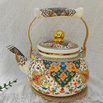 Vintage Enamel Tea Kettle, Floral Enamel Teapot, Porcelain Enameled Whistling Teakettle Turkish Hot Water Teapot with Cool Handle for Kitchen Stovetop
