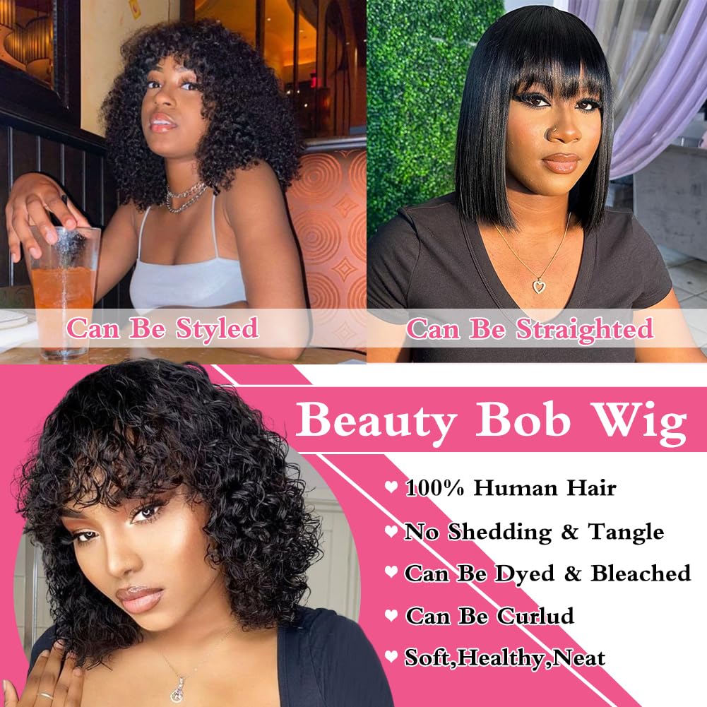 Star Show Short Curly Bob Wigs Water Wave Human Hair Wig with Bangs for Black Women Wear and Go Glueless Human Hair None Lace Front Glueless Wigs with Bangs Human Non Lace Wig Natural Black 10inch